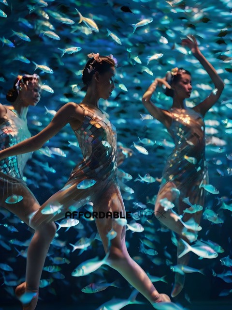 Three women in a blue underwater setting with fish