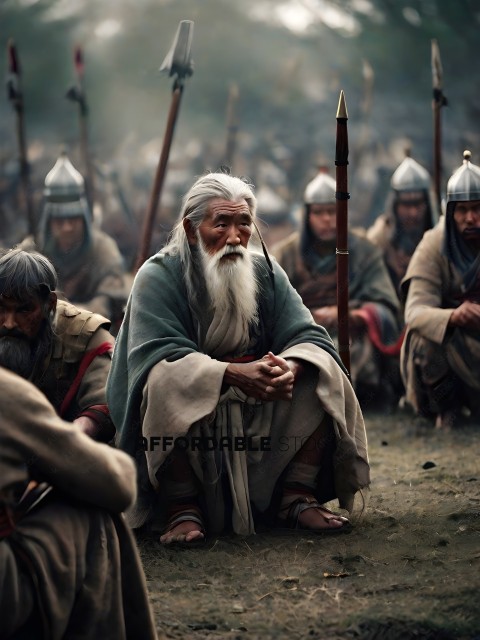 Ancient Asian Warrior Leader Sits Among His Men
