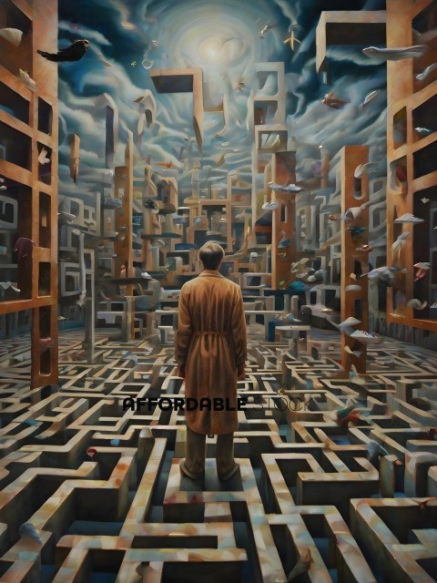A man in a brown coat standing in a maze of buildings