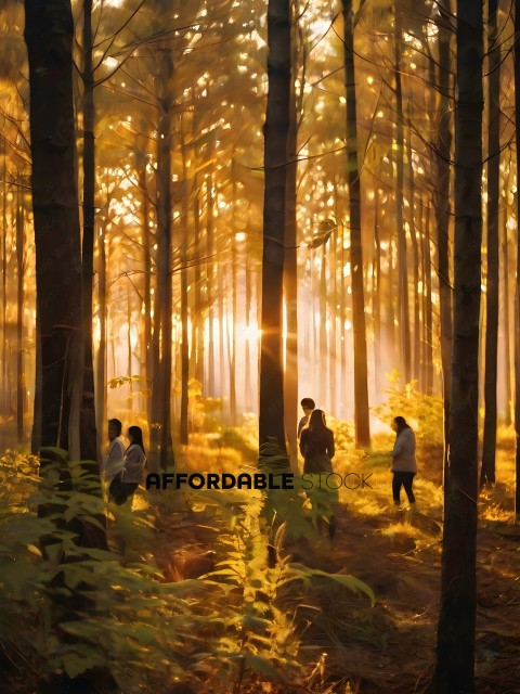 Three people walking through a forest during sunset