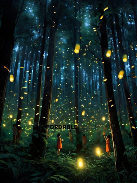 A group of people in a forest with a lot of light