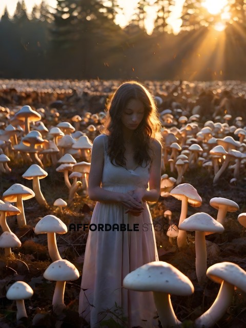 A woman in a white dress stands in a field of mushrooms