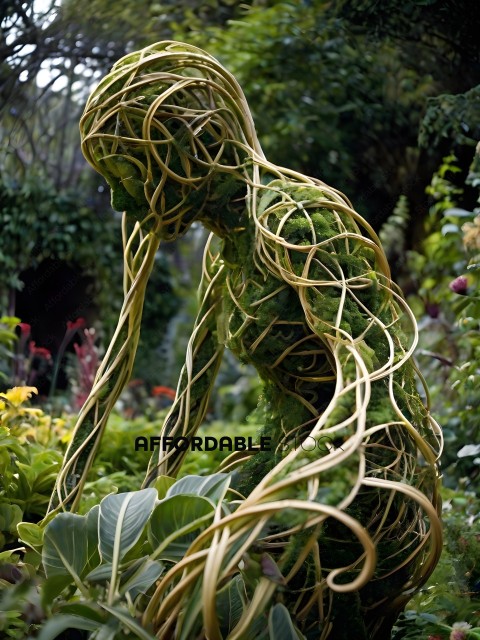 A sculpture of a person made of vines and leaves