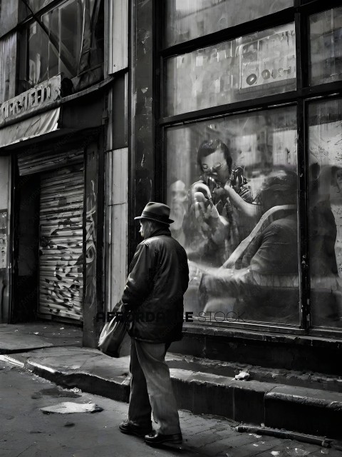 A man standing in front of a building with a poster of a man taking a picture