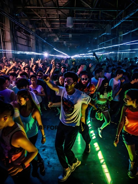 A group of people dancing in a dark room with green lights