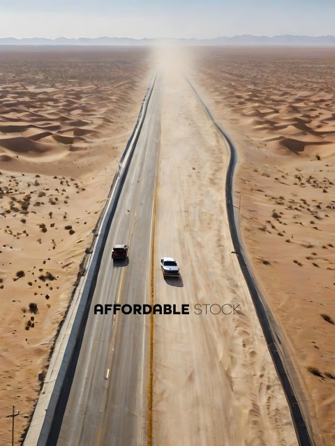 Two cars driving on a desert highway