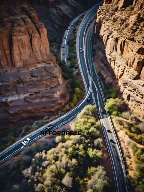 A highway runs through a mountainous landscape