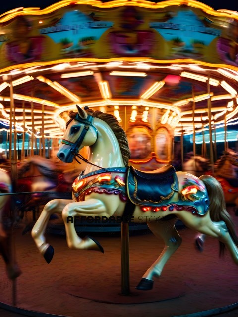 A carousel horse with a blue saddle and bridle