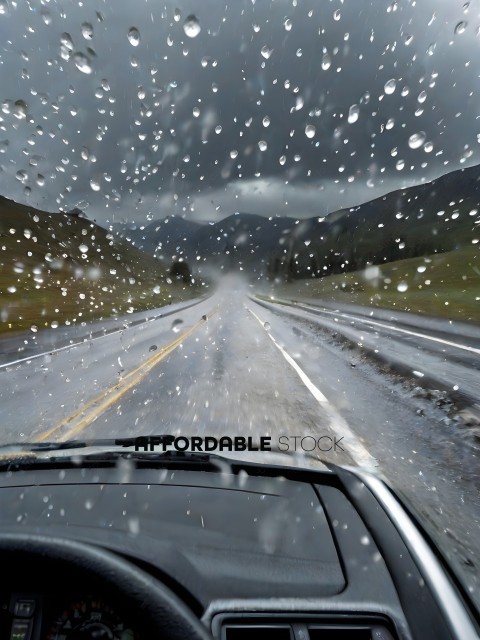 Rainy Road with Mountains in the Background