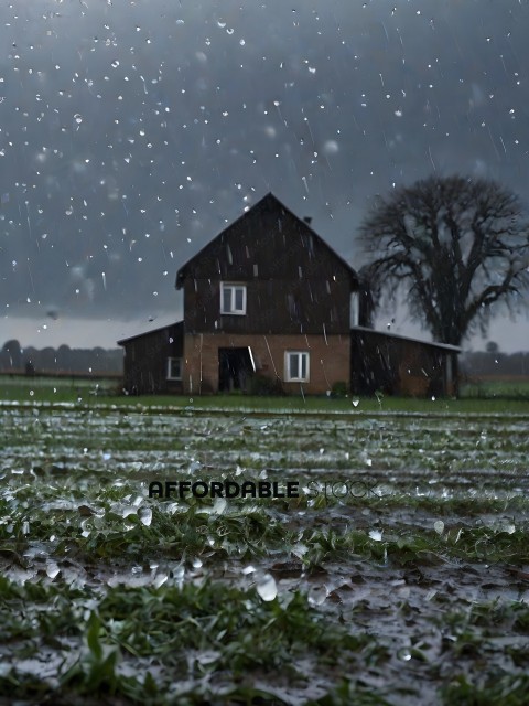 Rain falling on a farm with a barn
