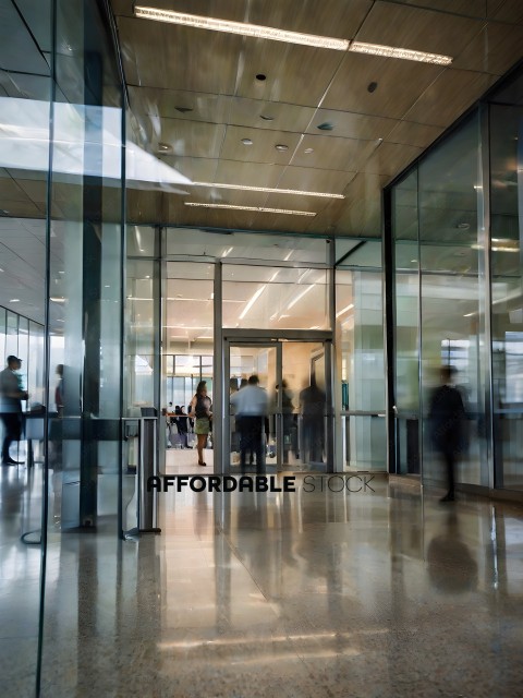 People walking through a glass building