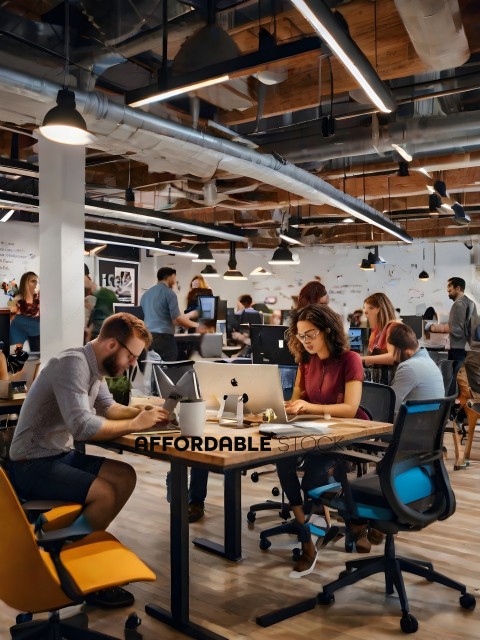 A group of people working in a large open office space
