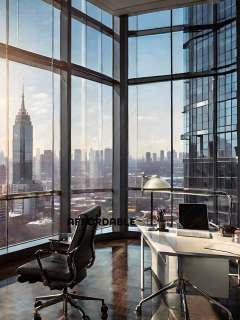 A modern office with a city view