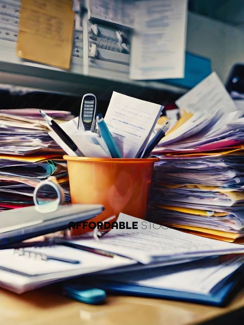 A cluttered desk with a pile of papers and a cup