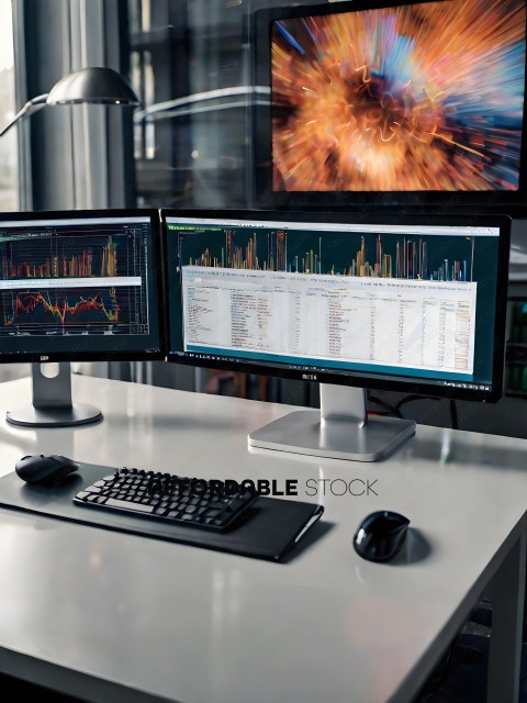 Two computer monitors on a desk with a keyboard and mouse