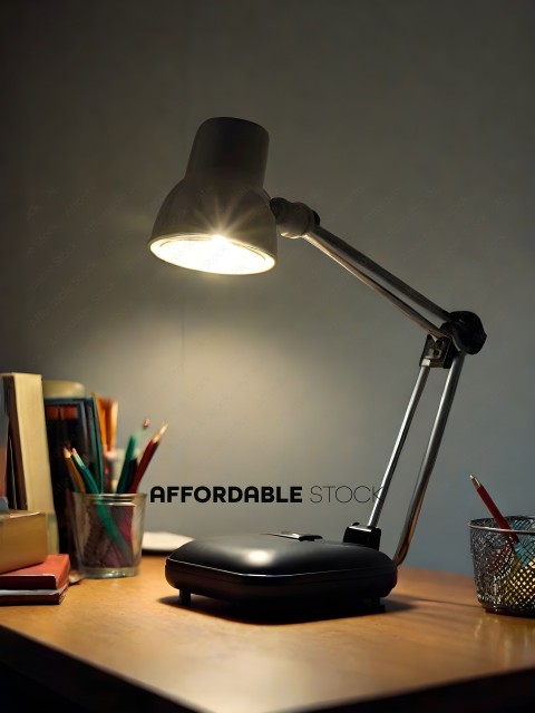 A desk lamp with a white shade and a black base
