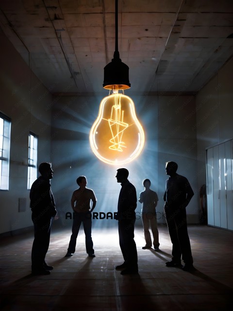 Four men standing in a room with a light bulb hanging from the ceiling