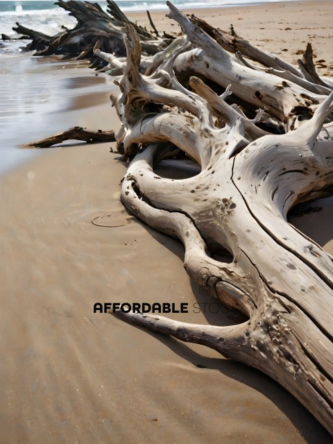A large tree trunk on the beach