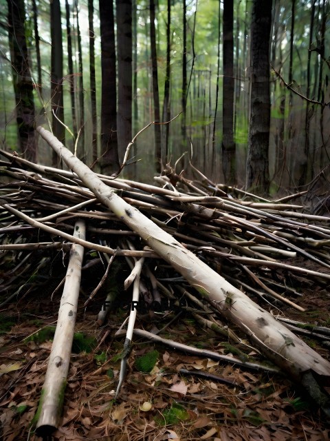 A pile of tree branches in the woods