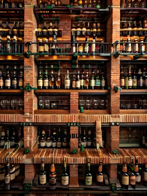 A large collection of wine bottles in a brick building