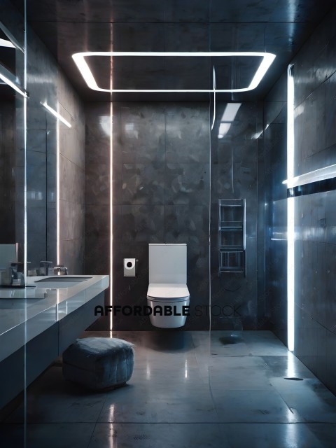 A modern bathroom with a white toilet and a glass sink
