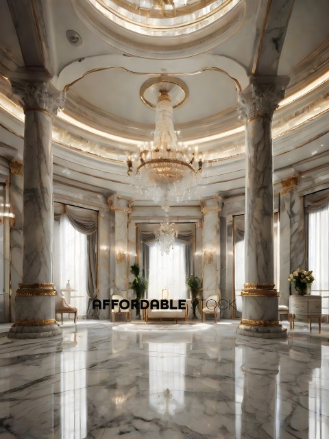 A grand room with a chandelier and a large mirror