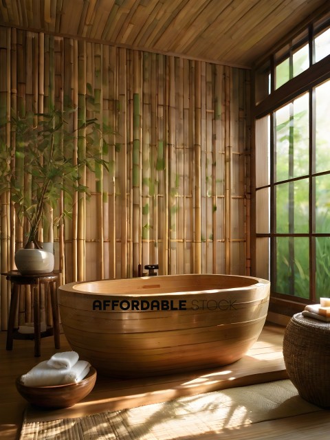 A large wooden bathtub with a plant in the corner