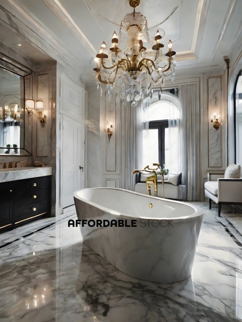 A large white bathtub in a fancy bathroom