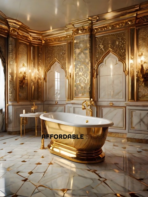 A golden bathtub in a fancy bathroom