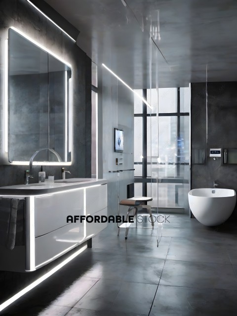 A modern bathroom with a white sink, mirror, and bathtub