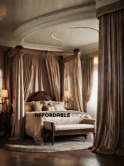 A luxurious bedroom with a canopy bed and curtains