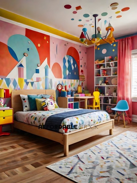 A colorful children's bedroom with a bed, dresser, and bookshelves