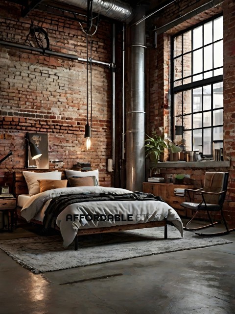 A Bedroom with a Brick Wall and a Metal Chimney