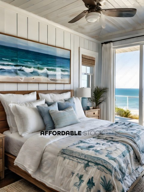 A beautifully decorated bedroom with a view of the ocean