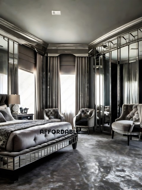 A luxurious bedroom with a large bed and a mirrored wall