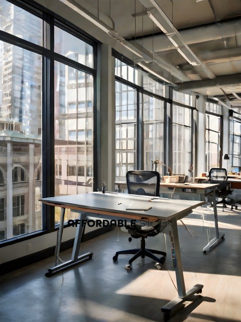 A modern office space with a view of the city