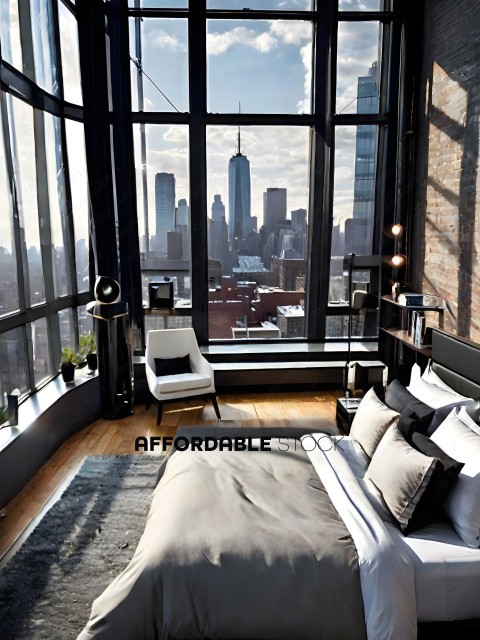 A bedroom with a large window overlooking a city