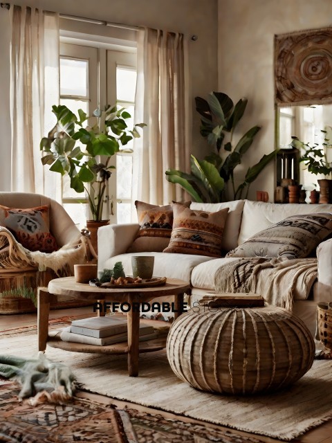 A cozy living room with a white couch and plants