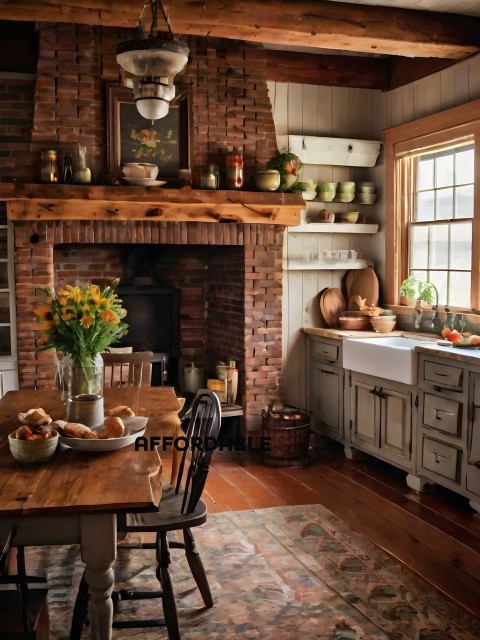 A cozy kitchen with a brick fireplace and wooden floors