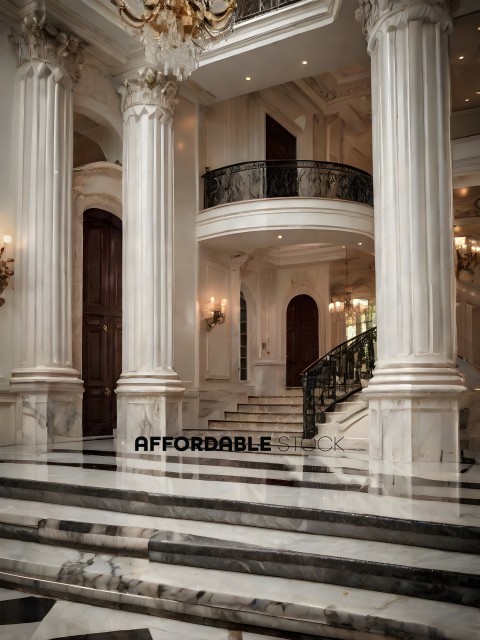 A grand staircase in a white mansion