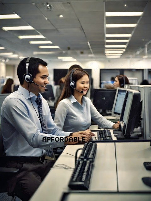 Two Call Center Agents Smiling and Working