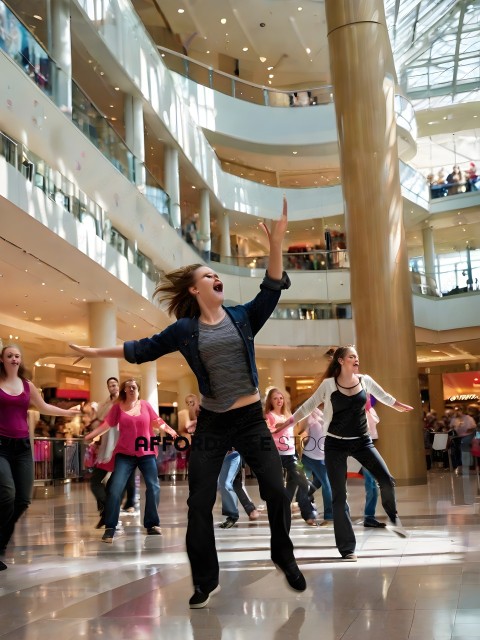 A group of women dancing in a mall