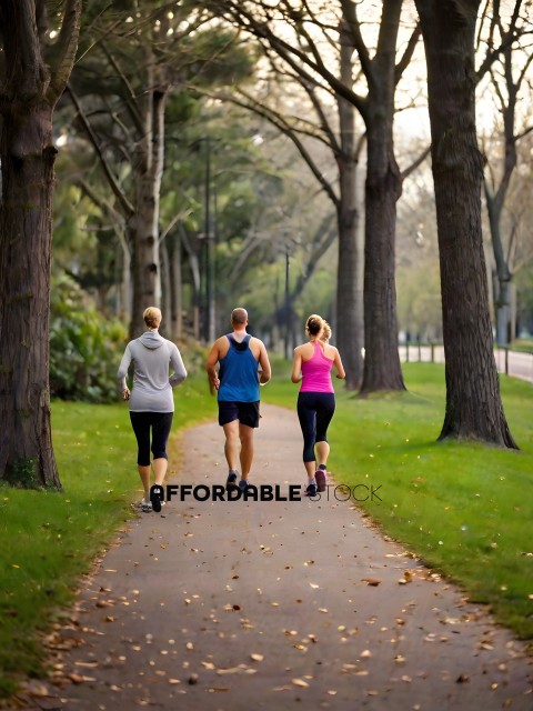 Three people jogging on a path