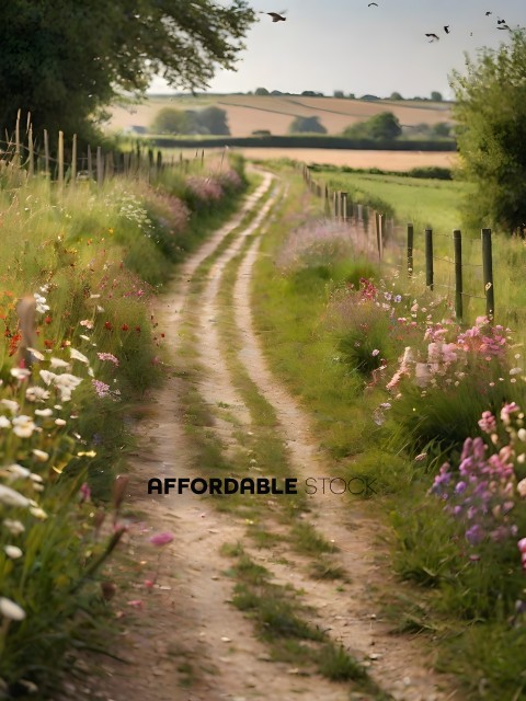 A dirt pathway lined with flowers and grass