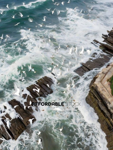 A flock of seagulls flying over a rocky shoreline