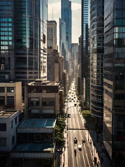 A busy city street with tall buildings