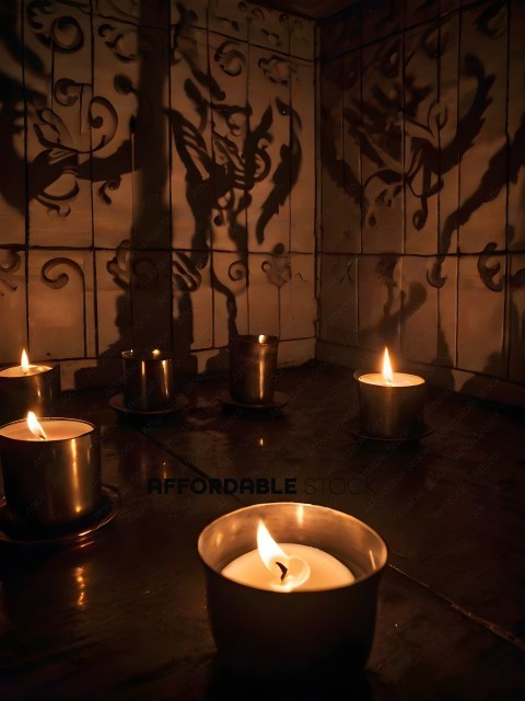 Candles in a dark room with a patterned wall