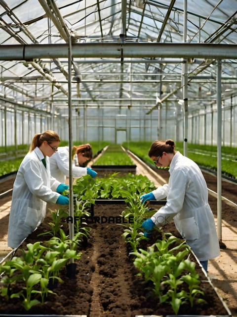 Three women in lab coats tend to plants in a greenhouse