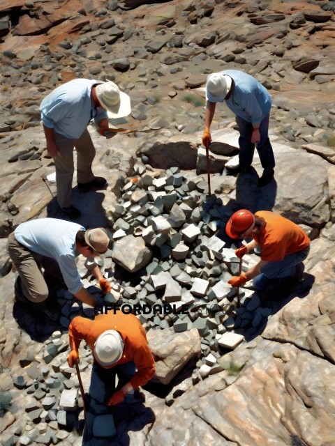 Five men working on a rock formation