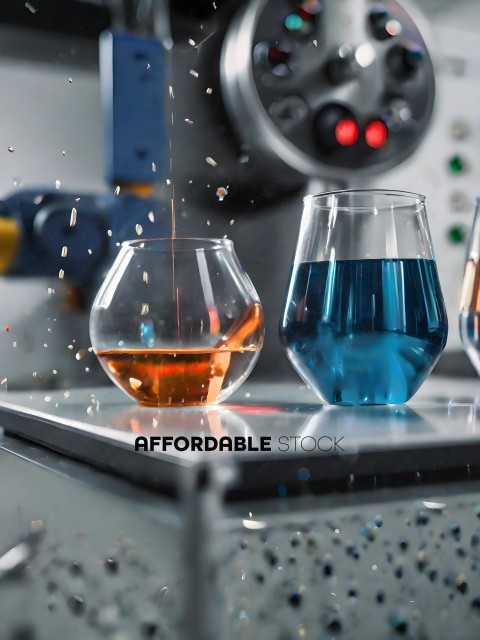Three glasses of different colored liquids